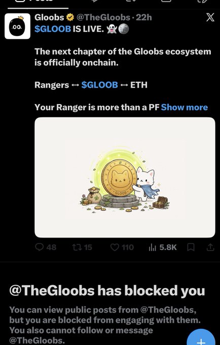 A Twitter/X post from Gloobs (@TheGloobs) announcing that $GLOOB is live and the Gloobs ecosystem is officially onchain, with a note that @TheGloobs has blocked you.