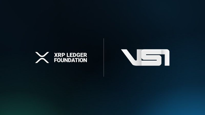 The image displays a partnership announcement graphic featuring the XRP Ledger Foundation logo on the left and the VS1 logo on the right, separated by a vertical line against a dark gradient background. This visual represents the collaboration between the two entities to advance tokenization efforts in Georgia, as highlighted in the accompanying post.