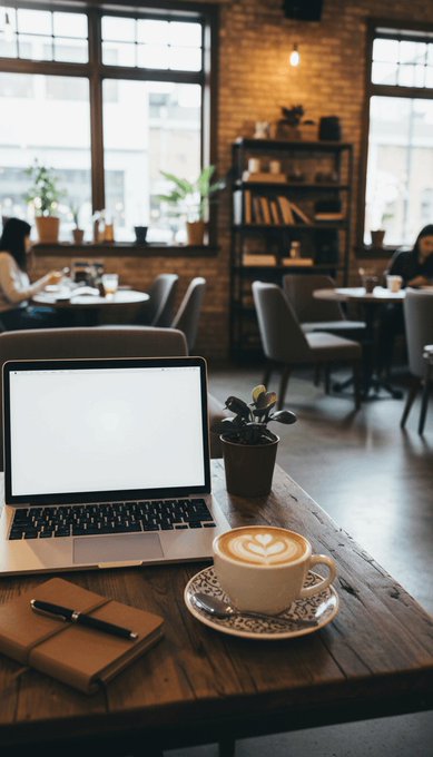 A cozy coffee shop scene with a laptop displaying a blank screen, a latte with heart art, a small potted plant, and a notebook on a wooden table, with patrons in the background.