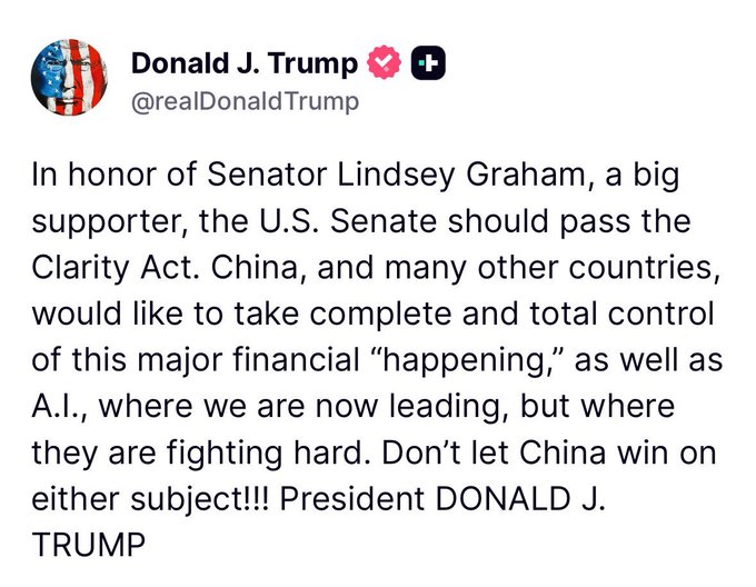 A Truth Social post from Donald J. Trump (@realDonaldTrump) calling on the U.S. Senate to pass the Clarity Act "in honor of Senator Lindsey Graham," warning that China seeks "complete and total control" of crypto and A.I. and urging lawmakers not to let China win. The post aligns with the accompanying news caption, which notes Trump's appeal invokes the late senator and frames both crypto market structure and AI leadership as competing geopolitical fronts.