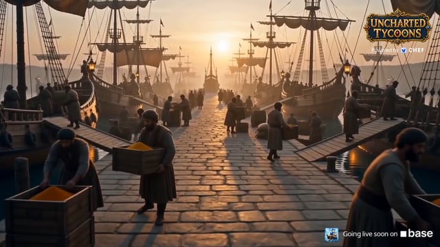 A cinematic harbor scene titled 'UNCHARTED TYCOONS - BOUND BY CHIEF,' showing workers loading cargo onto sailing ships at sunset, with a note 'Going live soon on BASE.'