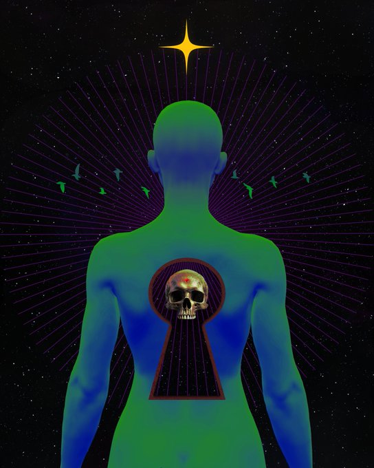 Surreal illustration of a blue and green humanoid figure from behind, featuring a keyhole on its back containing a skull, with birds flying around and a star above.