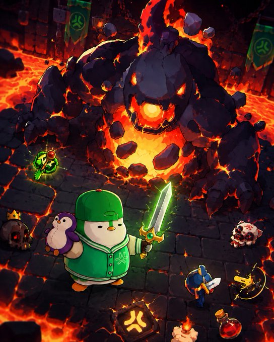 A cute penguin character in a green cap wields a glowing sword alongside a small warrior ally, facing off against a massive lava-infused golem in a fiery dungeon arena. The vibrant scene complements the "Maze of Gains 2.0" launch announcement, depicting the adventurous dungeon-crawling gameplay of the Abstract Chain game.