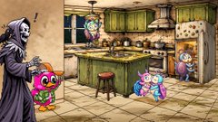 A screenshot from a video game showing a kitchen scene with cartoon characters, including what appears to be a grim reaper figure on the left.
