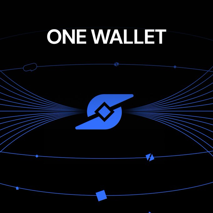 Dark graphic with the text 'ONE WALLET' above a blue stylized logo with radiating lines.