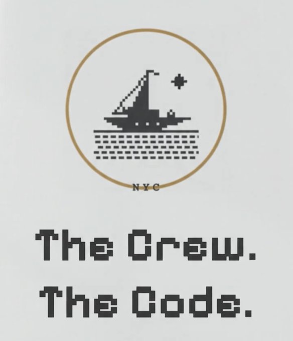 A pixel-art logo featuring a city skyline over water within a gold circle, with the text 'NYC' below it and 'The Crew. The Code.' written underneath.
