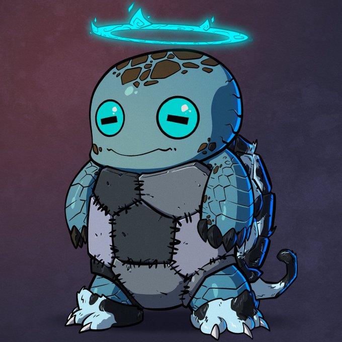 A stylized cartoon turtle with a cracked blue-green shell, stitched dark belly plates, glowing cyan eyes, and a floating cyan halo above its head.