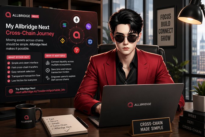 A stylized image of a person in a red jacket working on a laptop branded 'ALLBRIDGE', with a screen displaying 'My Allbridge Next Cross-Chain Journey' and bullet points under 'WHAT STOOD OUT' and 'WHY IT MATTERS'.
