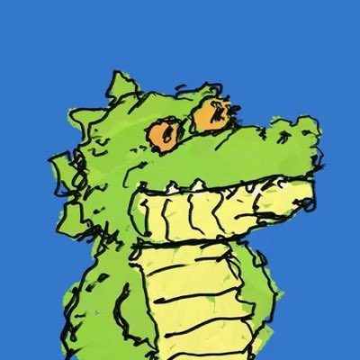 A drawing of a green dragon's head with orange eyes and cream-colored teeth, set against a bright blue background.
