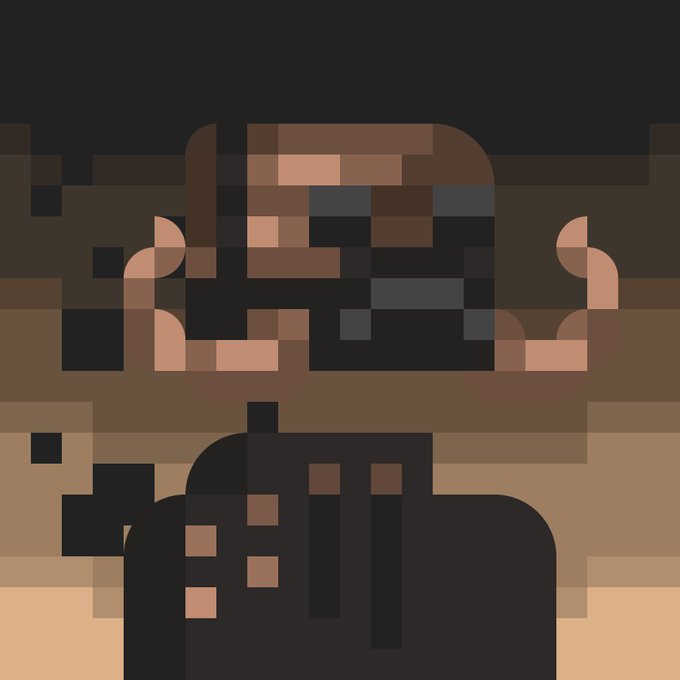 A heavily pixelated abstract image composed of brown, black, and tan colored blocks that roughly form the shape of a figure or character.