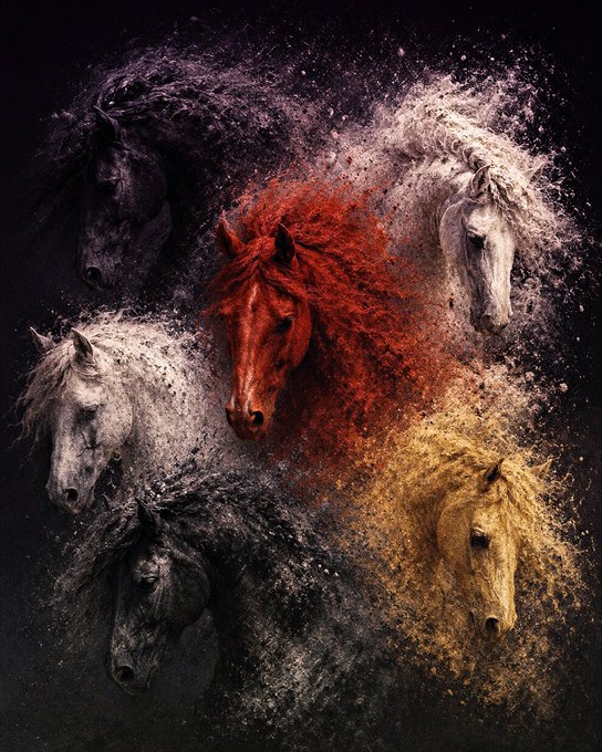 A dramatic digital artwork featuring a red horse in the center surrounded by four other horses in black, white, and golden tones, all appearing to emerge from a cloud of dust or particles against a dark background.