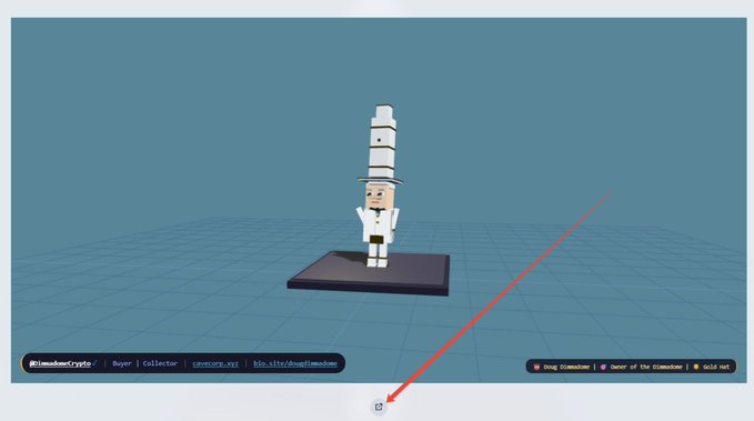 A 3D-rendered character wearing a tall white hat stands on a gray platform in a virtual environment, with a red arrow pointing toward a button at the bottom of the screen; text reads 'KlimathonCrypto Roper Collector klimcorp.xyz http://klimcathon Drag Standalone Owner of the Klimathon Gold not'.
