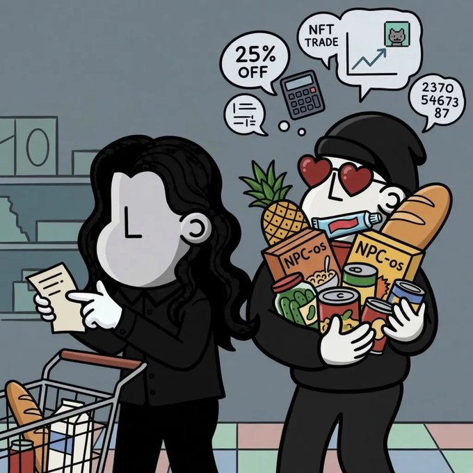 A cartoon illustration comparing a woman reading a receipt to a man wearing heart-eyes and hugging groceries including 'NPC-os' cereal, with thought bubbles showing '25% OFF', a calculator, 'NFT TRADE', and the number '23705467387'.