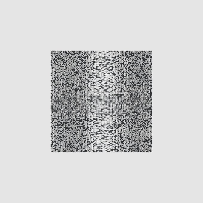 A grayscale QR code or complex pixelated pattern is displayed within a square on a light gray background.