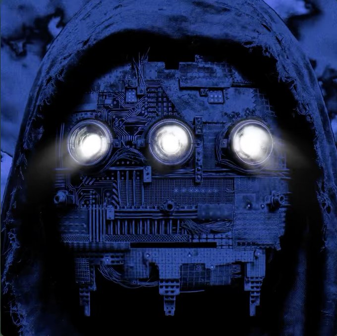 A dark, blue-toned digital artwork features a hooded figure whose face is replaced by a mechanical, circuit-board-like mask with three glowing white lights for eyes.