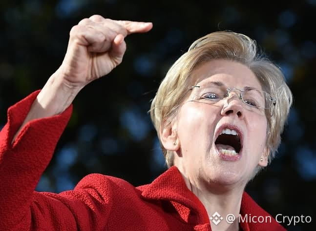 Senator Elizabeth Warren, wearing a red jacket and glasses, points and speaks animatedly at an event, with a watermark '@ Micon Crypto' visible.
