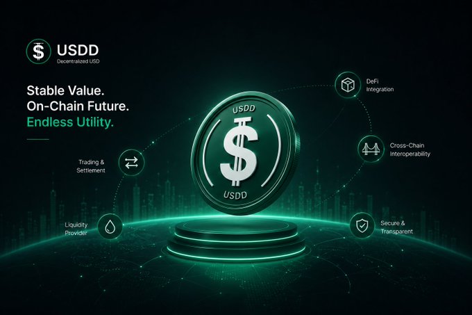 A promotional graphic for USDD Decentralized USD cryptocurrency, featuring a glowing green coin on a pedestal with the tagline 'Stable Value. On-Chain Future. Endless Utility.' and icons highlighting DeFi Integration, Cross-Chain Interoperability, Secure & Transparent, Liquidity Provider, and Trading & Settlement features.