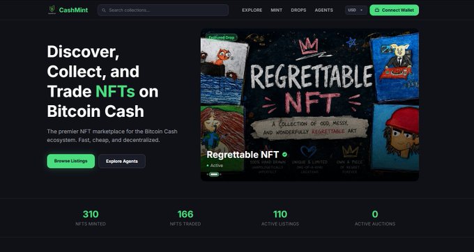 Screenshot of the CashMint NFT marketplace website on Bitcoin Cash, featuring the text 'Discover, Collect, and Trade NFTs on Bitcoin Cash' and a featured 'Regrettable NFT' collection.