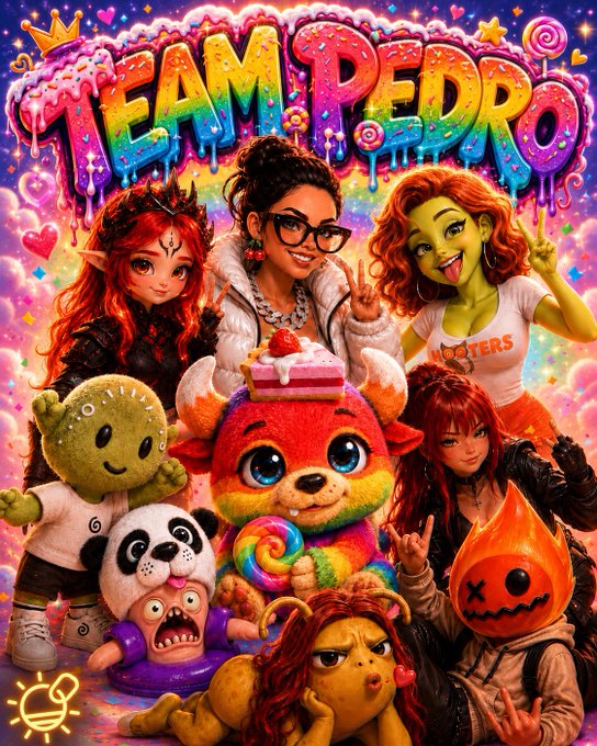 A vibrant cartoon-style illustration titled 'TEAM PEDRO' showcases a woman with glasses surrounded by colorful plush toys, anime-style characters, and various whimsical creatures.