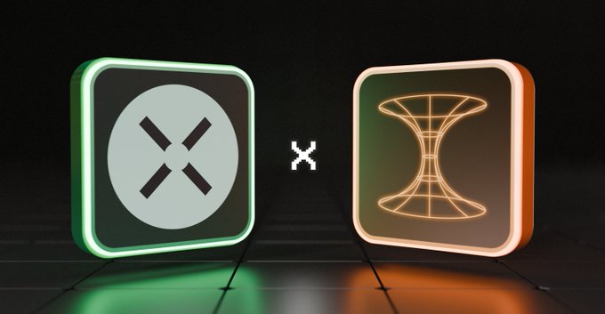 Two illuminated 3D square icons on a dark background: a green-outlined square containing an X symbol on the left and an orange-outlined square containing an hourglass symbol on the right, separated by a small white X.