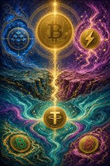 A colorful cosmic digital artwork featuring cryptocurrency symbols including Bitcoin, Ethereum, and other tokens arranged in circular emblems against a swirling galaxy background.