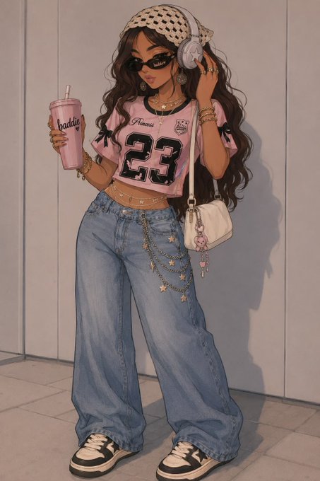 The image features a woman wearing sunglasses, a pink shirt with the number 23 printed on it, blue jeans, and white sneakers. She has her hair styled in loose waves and is holding a drink while standing next to a wall. The caption of the image reads "Good morning CT Have an amazing day Still locked in on @quipnetwork".