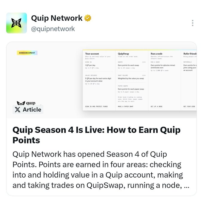 A Twitter post from Quip Network (@quipnetwork) announcing 'Quip Season 4 Is Live: How to Earn Quip Points,' detailing how points are earned across four areas: Quip accounts, QuipSwap trades, running a node, and referrals.