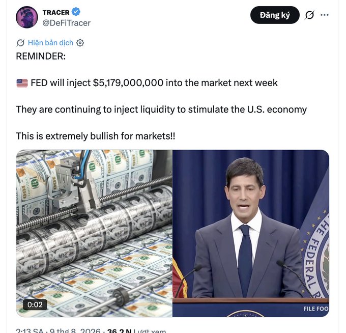 A Twitter post by @DeFiTracer features a split image showing money printing on the left and a Federal Reserve official at a podium on the right, with text claiming the FED will inject $5,179,000,000 into the market next week to stimulate the U.S. economy, which the caption suggests would be bullish for both stocks and crypto.