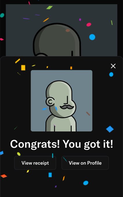 A pop-up displays "Congrats! You got it!" featuring a minimalist bald NPC character with a mustache and a blue tear, surrounded by confetti, with options to "View receipt" or "View on Profile." This celebrates the user's successful mint of an NPC NFT, matching their excitement about joining the @npconchain community.