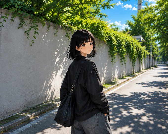 An anime-style illustration of a girl with short black hair wearing a black jacket and carrying a shoulder bag, looking back over her shoulder on a tree-lined street with a wall covered in ivy.