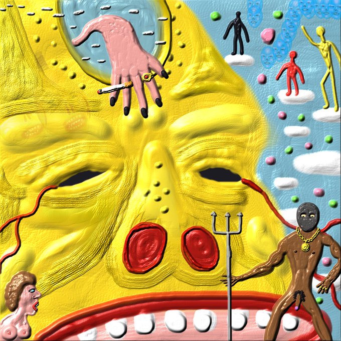 A surreal, colorful painting depicts a giant yellow face with a pink hand holding a cigarette, surrounded by floating figures, clouds, pills, and a brown figure holding a trident.