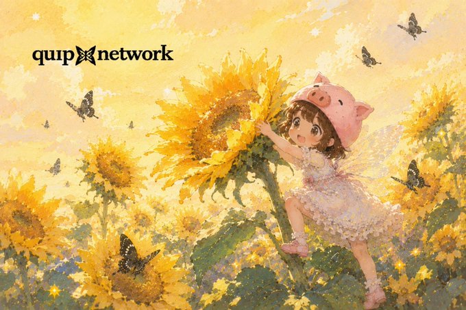 The image features a girl wearing a hat with a pig face, standing next to a large sunflower. The background of the image is filled with many sunflowers, creating a beautiful scene. In the corner of the image, there is text that reads "quip network". This suggests that the image might be related to an online platform or social media account where people share images and information.