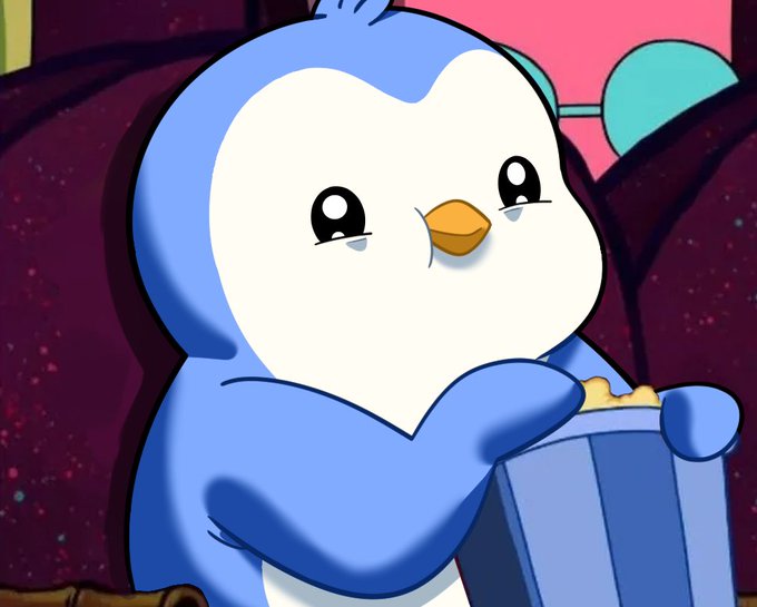 An illustration of a cute, teary-eyed blue and white cartoon penguin eating popcorn from a bucket in a dark theater setting.