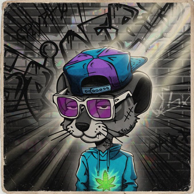 A cartoon illustration of a stylized mouse or rat character wearing a purple and blue cap, white-framed sunglasses, and a teal hoodie with a green leaf design, set against a graffiti-covered brick wall background.