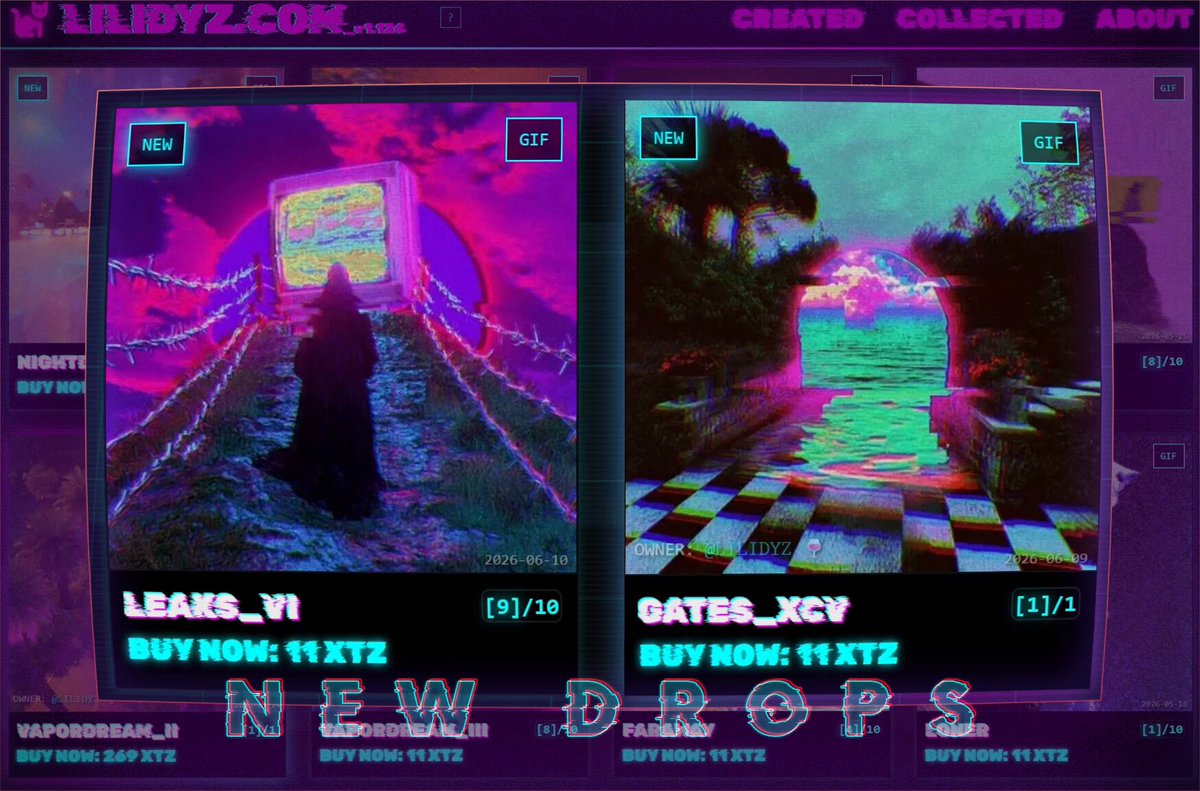 The image shows a purple screen with two different images displayed, one of which is a painting or drawing of a person standing at the entrance of an underwater tunnel. The other image features a checkerboard pattern with a person walking through it. Both images are related to the post "GMEOWWWW ( ω ) \\/ new drops >> LEAKS_VI << || 11 xtz - [9]/10".
