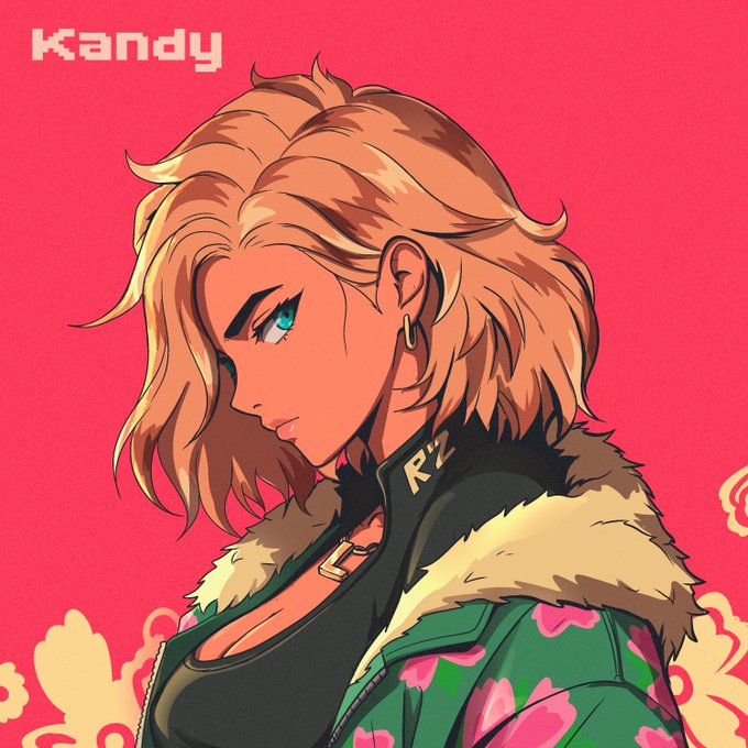 An anime-style illustration of a character named 'Kandy' with blonde hair, wearing a green camouflage jacket with a fur-lined collar against a bright red background.