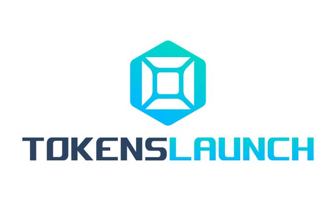 A logo for "TOKENSLAUNCH" featuring a cyan and teal gradient hexagon icon with a geometric design inside.