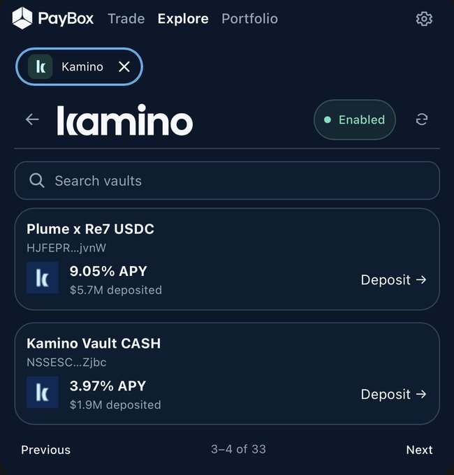 PayBox app interface showing the Kamino protocol page with two vault options: Plume x Re7 USDC at 9.05% APY ($5.7M deposited) and Kamino Vault CASH at 3.97% APY ($1.9M deposited).