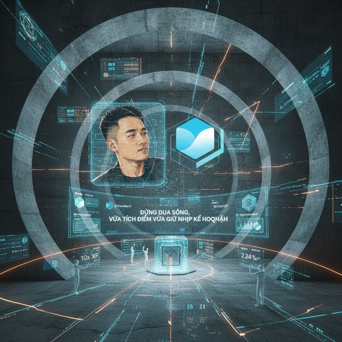 A futuristic sci-fi graphic showing a man's face on a holographic display with Vietnamese text "ĐỪNG ĐUA SỐNG, VỪA TÍCH ĐIỂM VỪA GIỮ NHỊP KẾ HOẠCH" and XP multipliers.