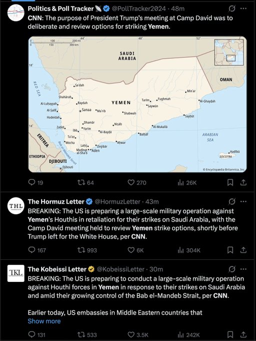 The image shows three tweets from @PollTracker2024, @HormuzLetter, and @KobeissiLetter, with the latter two claiming via CNN that the US is preparing large-scale military operations against Yemen's Houthis following a Camp David meeting, alongside a map of Yemen. The caption "Best part is Korean traders actually dumped bitcoin on this fake news" suggests the news was fabricated or misleading, and that Korean cryptocurrency traders sold off Bitcoin in response to these unsubstantiated reports.