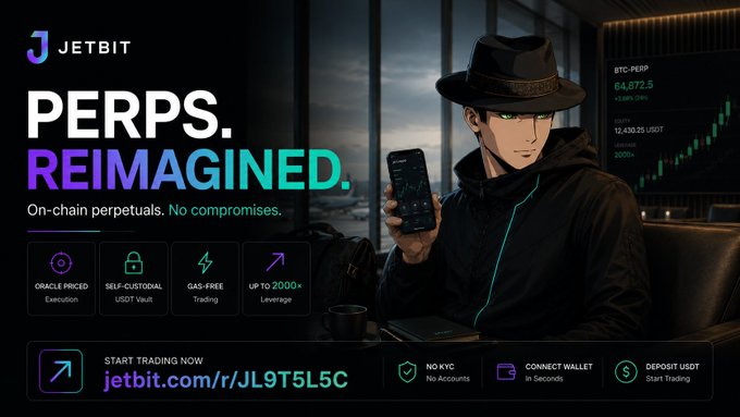 An advertisement for JETBIT featuring 'PERPS. REIMAGINED.' on-chain perpetuals, showing an anime-style man with a phone and BTC-PERP chart at 64,872.5.