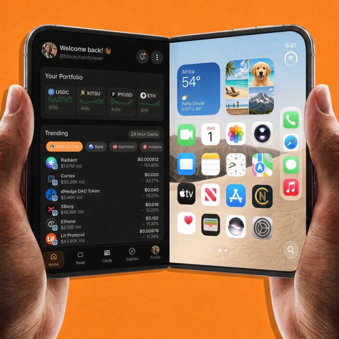 A pair of hands displaying a phone with a split screen showing a crypto portfolio app on the left (featuring USDC, KITSU, PYUSD, and ETH) and a standard iOS home screen on the right.