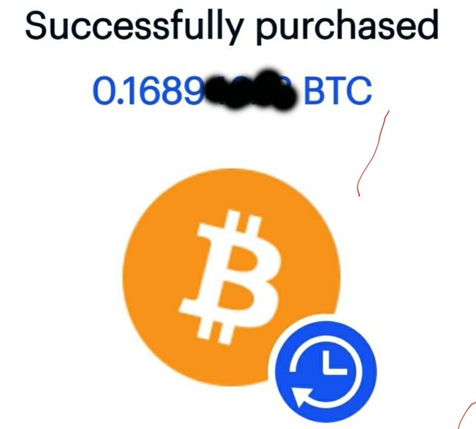 A notification showing "Successfully purchased 0.1689███ BTC" alongside the Bitcoin logo, illustrating a buyer's enthusiasm for accumulating more Bitcoin, echoing the post's sentiment that stimulus money would be productively used to purchase Bitcoin instead.