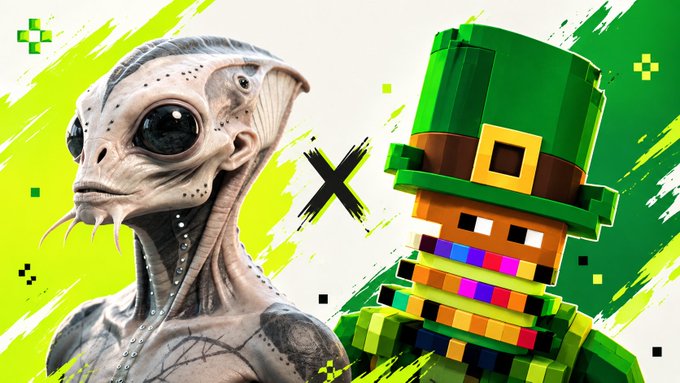 A promotional graphic featuring a tall grey alien-like creature on the left facing off against a blocky, voxel-style leprechaun character on the right, separated by an 'X' on a green and white background.