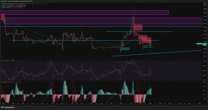 A TradingView candlestick chart of $SPCX showing price action hovering near $112.70, with horizontal resistance zones, a bearish fair value gap (FVG), and accompanying RSI and MACD indicators below, supporting the author's plan to build a short position at that key level.