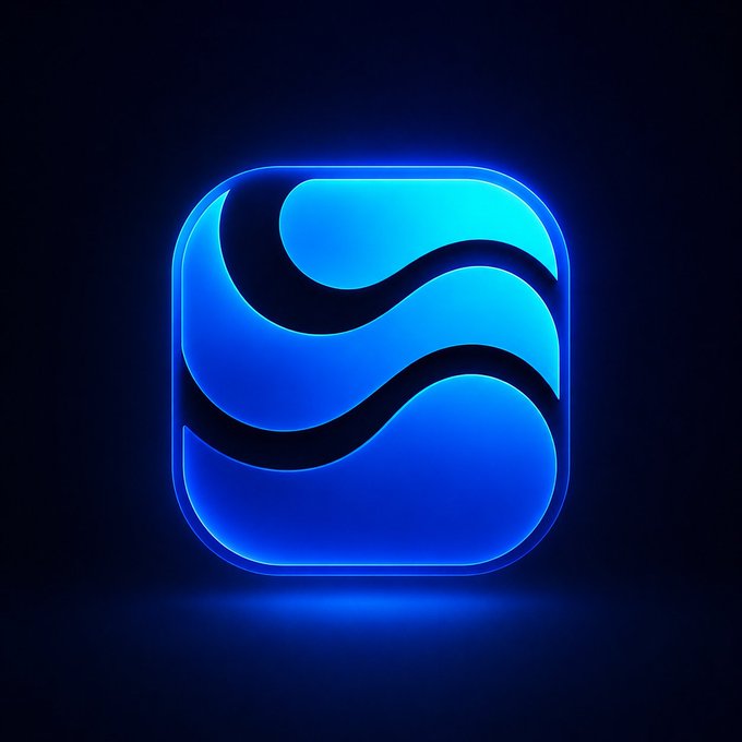 A glowing blue and cyan app icon featuring two stylized wavy lines forming an 'S' shape sits against a dark background.
