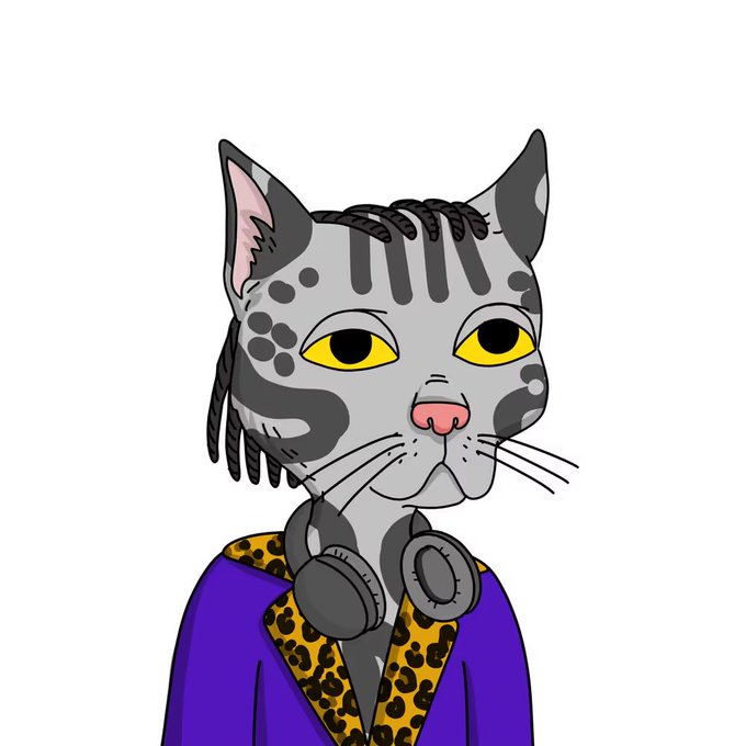 A cartoon-style illustration features a gray tabby cat character with braided hair and yellow eyes, wearing a purple jacket with leopard-print lapels and headphones around its neck. The image appears to be the user's new Gutter Cat Gang NFT profile, representing their "cool cat" persona they've joined for the first time since 2021.