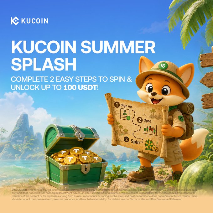 A cheerful explorer fox in a safari outfit holds a treasure map detailing three steps (Sign up, Spot, Spin) beside an overflowing chest of Tether (USDT) coins, promoting the "KuCoin Summer Splash" giveaway with up to 100 USDT in rewards and a 10,000 USDT prize pool.