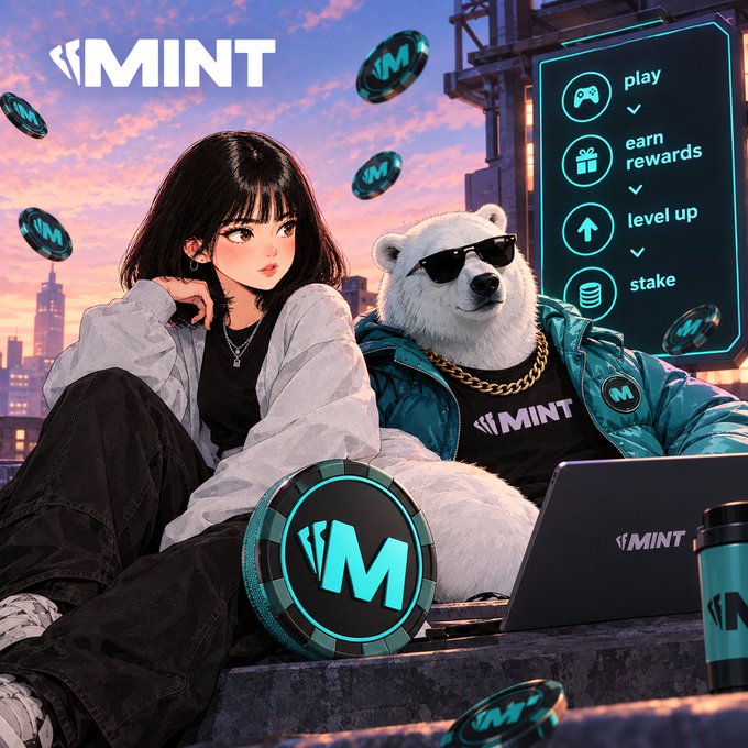A stylized anime-style promotional image for 'MINT' showing a girl and a polar bear wearing sunglasses, with floating 'M' coins and a sidebar menu listing 'play', 'earn rewards', 'level up', and 'stake'.