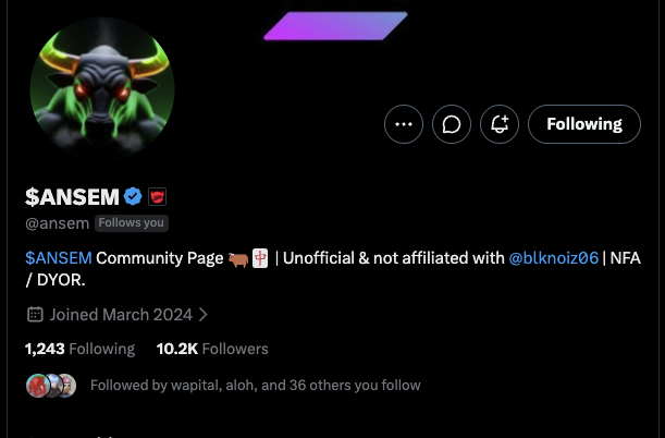 A Twitter/X profile for "$ANSEM" (@ansem) shows it's an unofficial community page affiliated with @blknoiz06, with 10.2K followers and joined March 2024. The post highlights that the $ANSEM community account successfully acquired the @ansem Twitter handle, with the profile displaying "Follows you" indicating mutual connection.